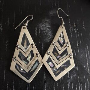 Abalone Alpaca Mexico Silver Tone Chevron Dangle Earrings